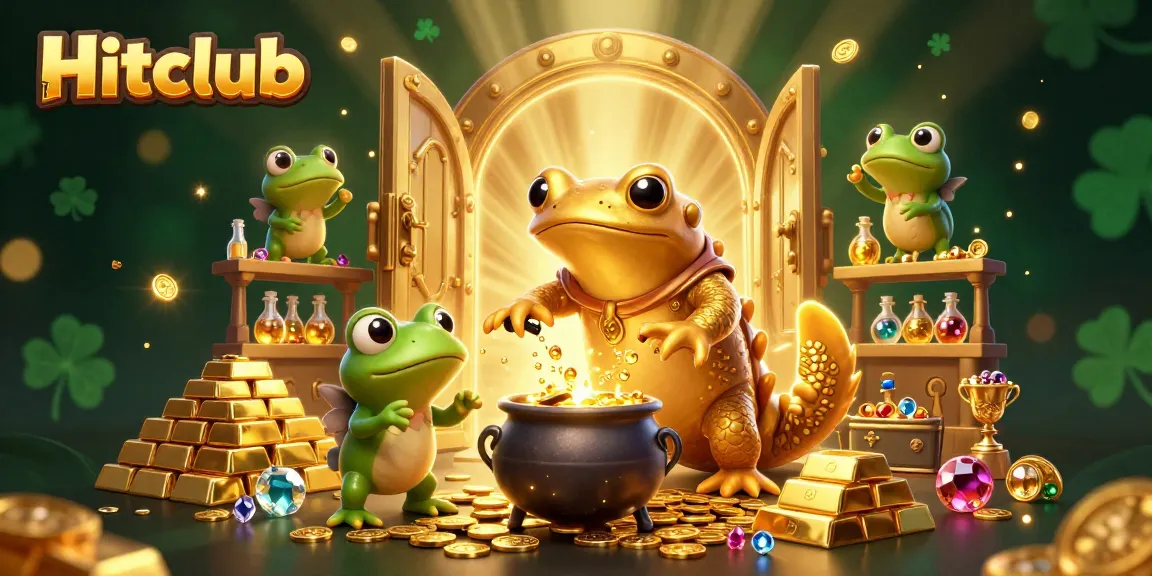 Hitclub players engage in thrilling gameplay amid treasure and magical gold coins in a vibrant casino scene.