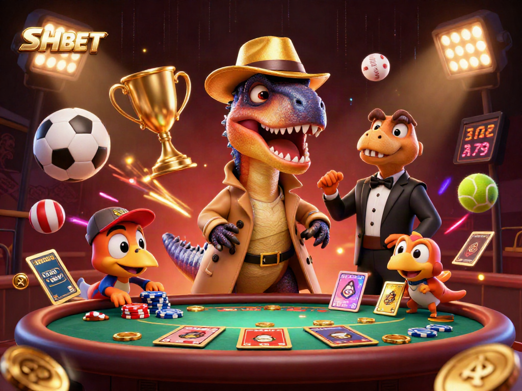 SHBET captivates players as a velociraptor card counter hides among dynamic casino elements.