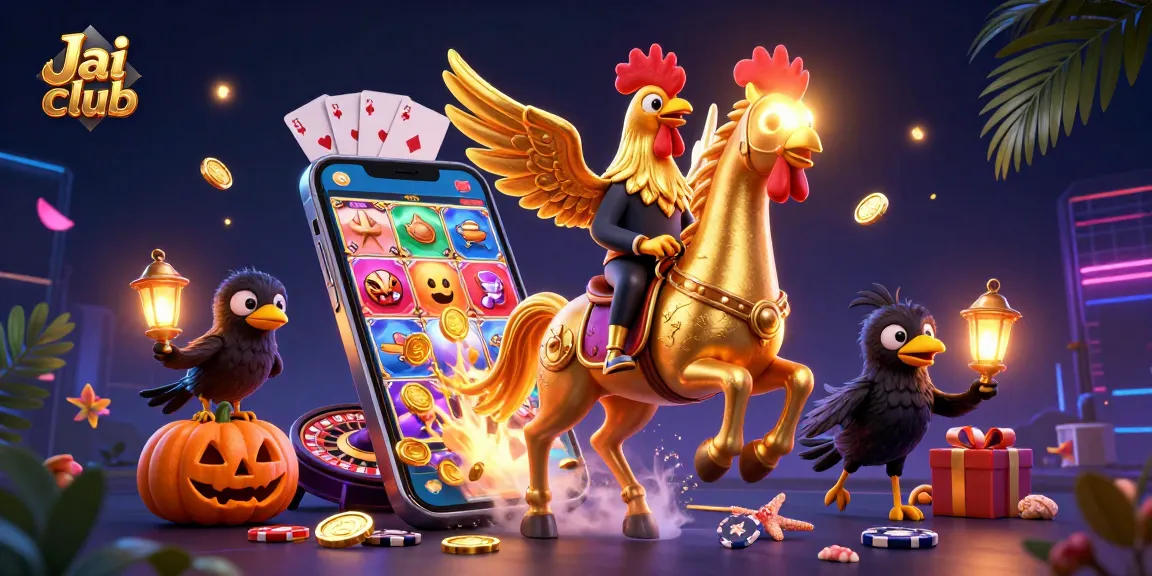 Immerse in Jai club's vibrant slot games with a golden rooster and magical casino elements.