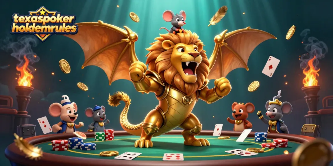 Engage with texaspokerholdemrules in a dynamic 3D poker scene featuring golden chimera and vibrant game elements.