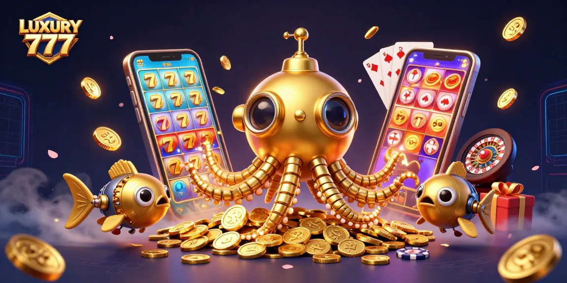 Permainan slot LUXURY 777 menghadirkan desain ilustrasi dengan karakter utama kraken berkilau dan elemen kasino menawan.