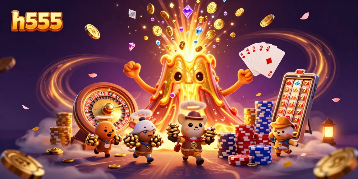 Win at h555 with vibrant 3D casino-themed illustration featuring coins and slots.