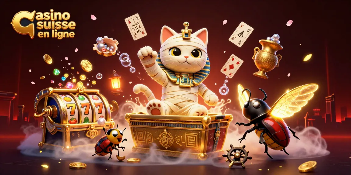 Jouer dans un casino suisse en ligne avec un chat momie égyptien et des éléments riches.