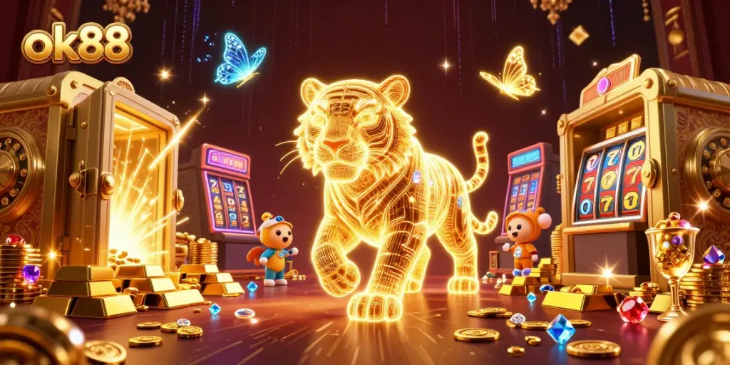 Experience the excitement of ok88 with a 3D neon tiger roaming a vibrant casino landscape.