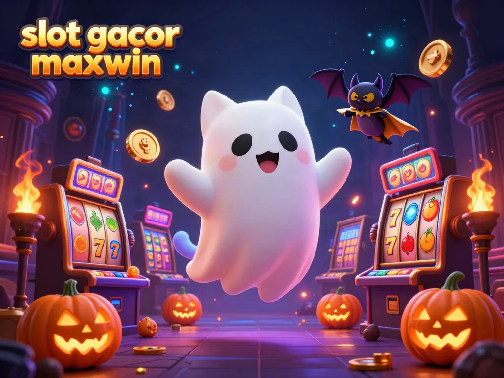 Engage with slot gacor maxwin, featuring a vibrant ghost cat in a haunted casino filled with glowing slot reels and jackpots.