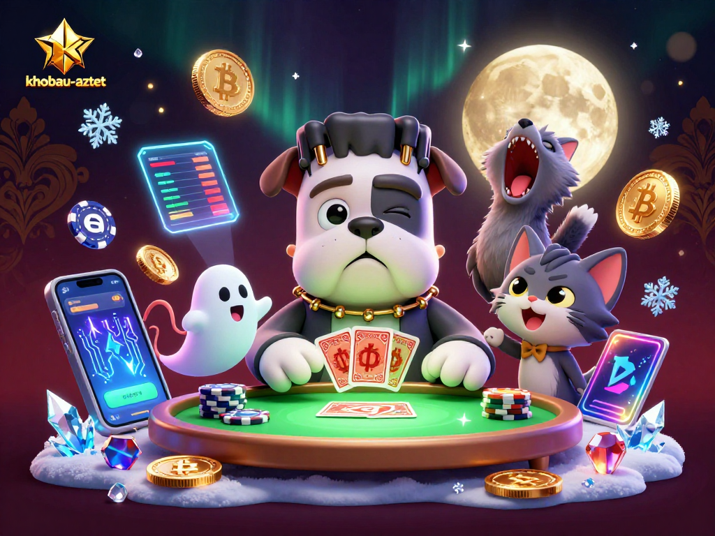 Engage with the khobau-aztec adventure, featuring a bulldog dealer, ghostly mouse, and whimsical cat in a vibrant casino.