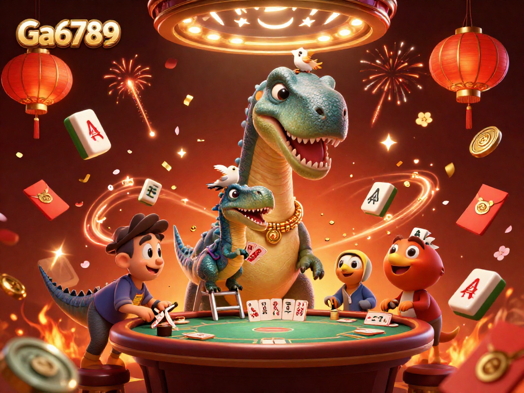 Engage in gambling fun with Ga6789's vibrant casino scene featuring animated prehistoric characters.
