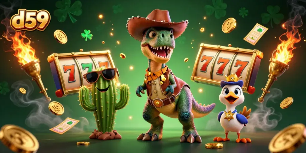 Permainan slot d59 dengan dinosaur dan trophy emas yang menarik.