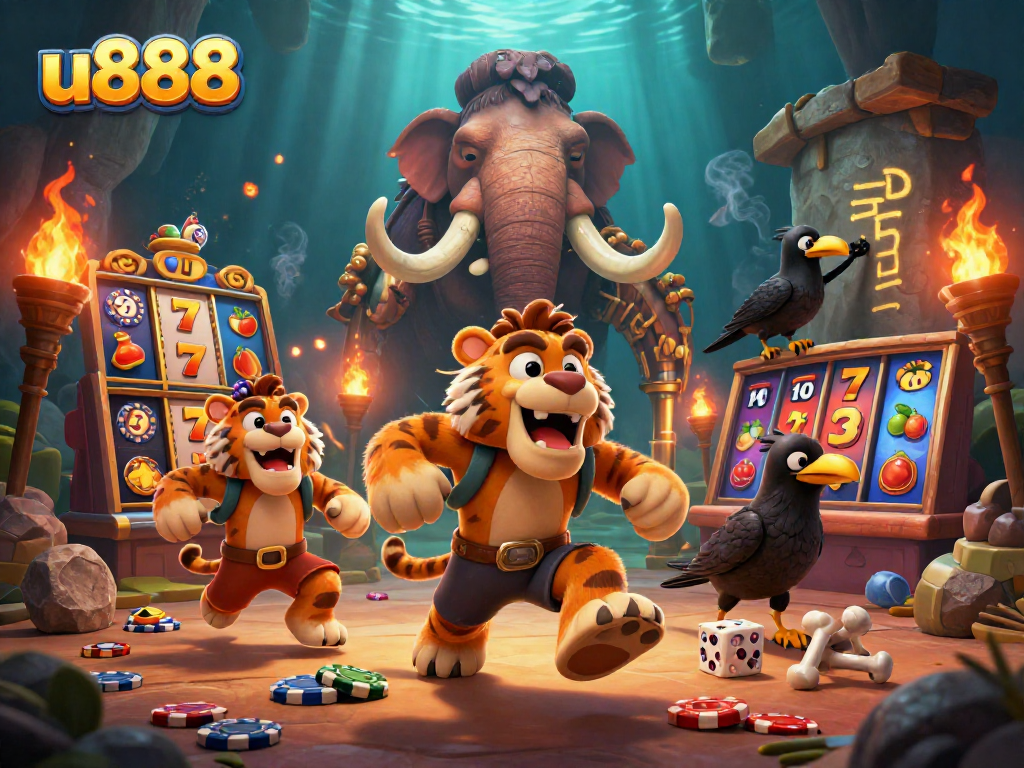 Engage in thrilling gameplay at u888 with vibrant casino visuals featuring caveman and sabertooth.
