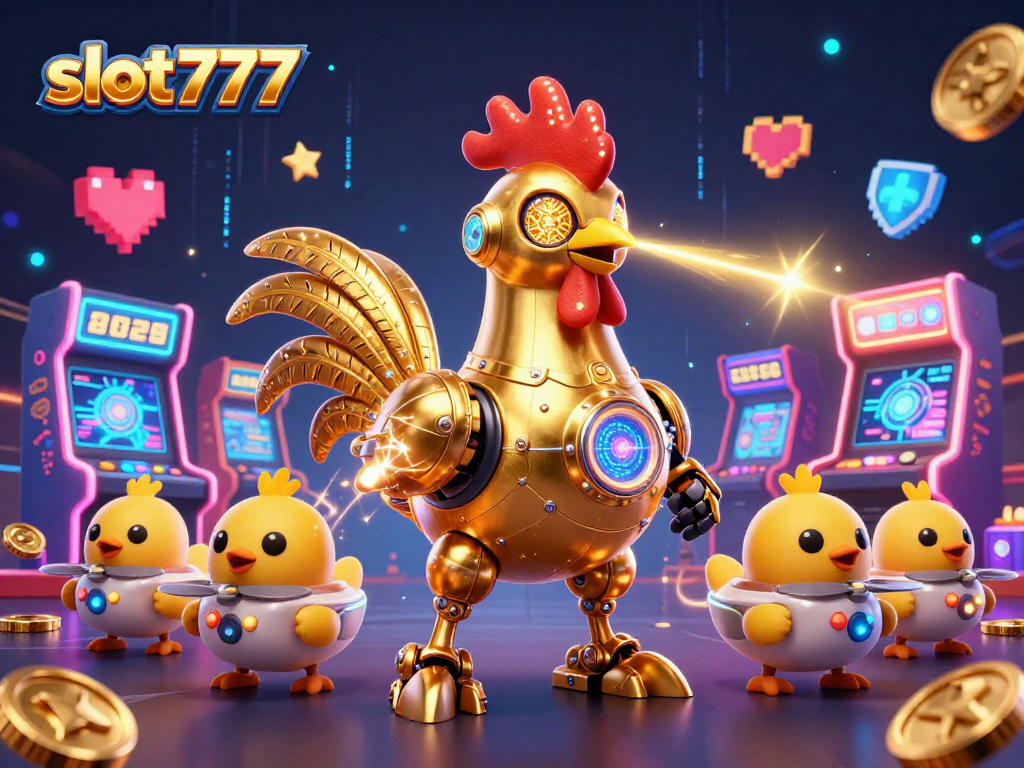 Experience slot777 excitement with a golden rooster robot and baby chick drones in a dynamic casino scene.