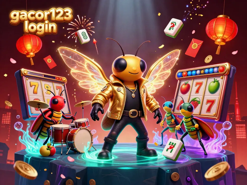 Celebrate your gaming passion with gacor123 login showcasing an energetic slot game scene filled with animated characters and casino elements.
