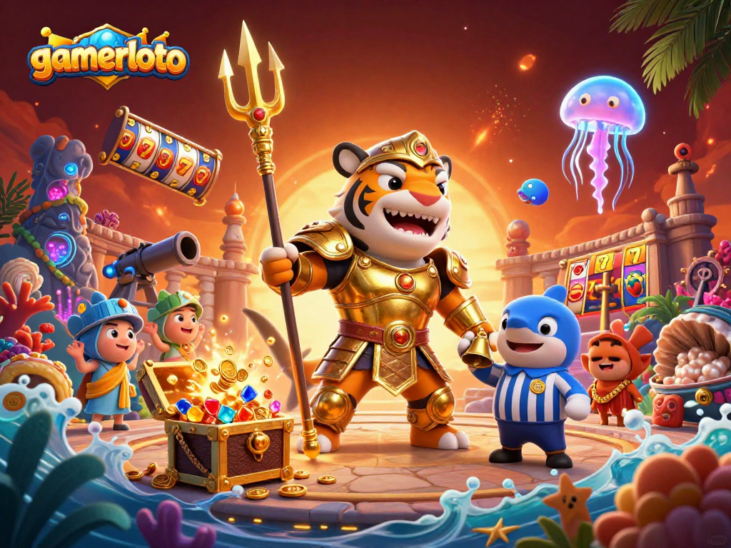 Engage with gamerloto's thrilling casino games in a vibrant underwater scene featuring a gladiator shark!