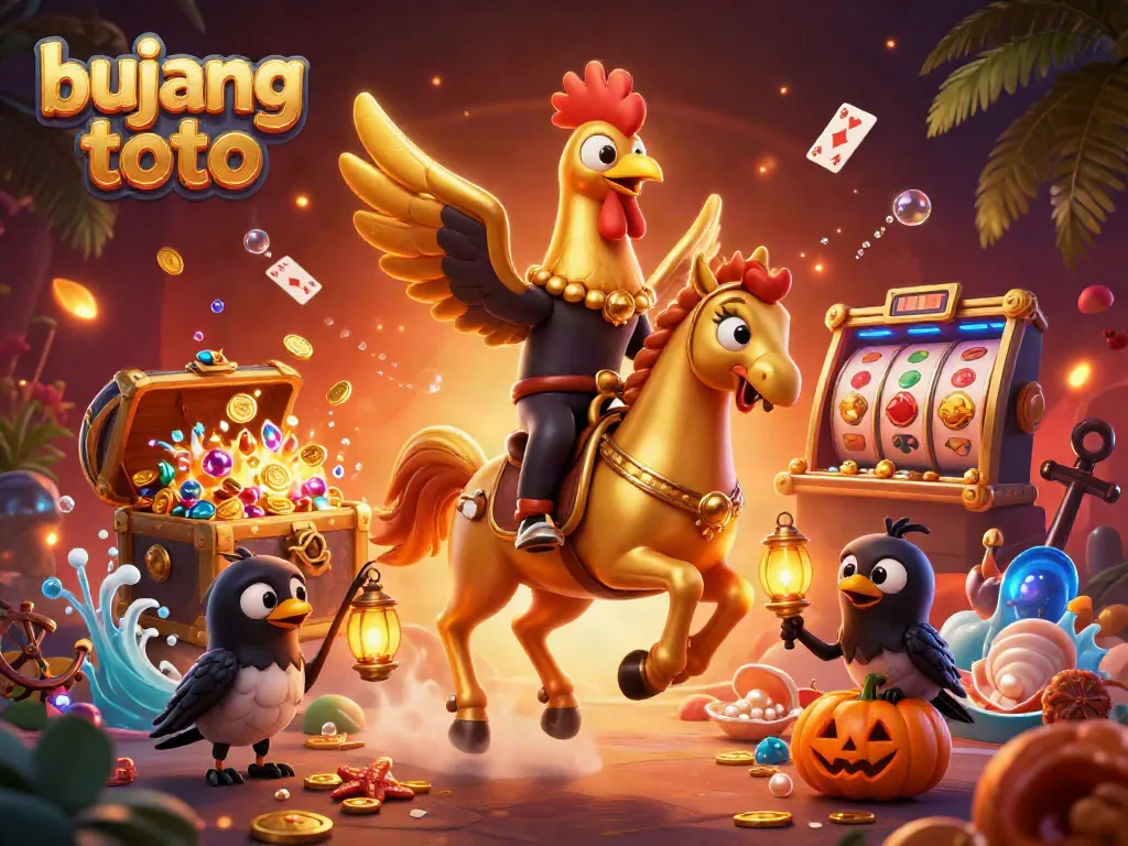 Experience the excitement of bujang toto with a vibrant 3D casino scene featuring a golden rooster and spectral horse.