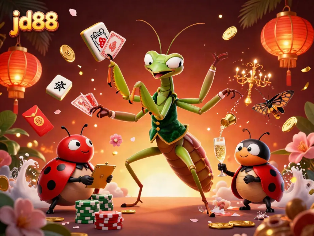 Experience exciting games with a giant praying mantis card sharp at jd88, surrounded by vibrant casino elements.