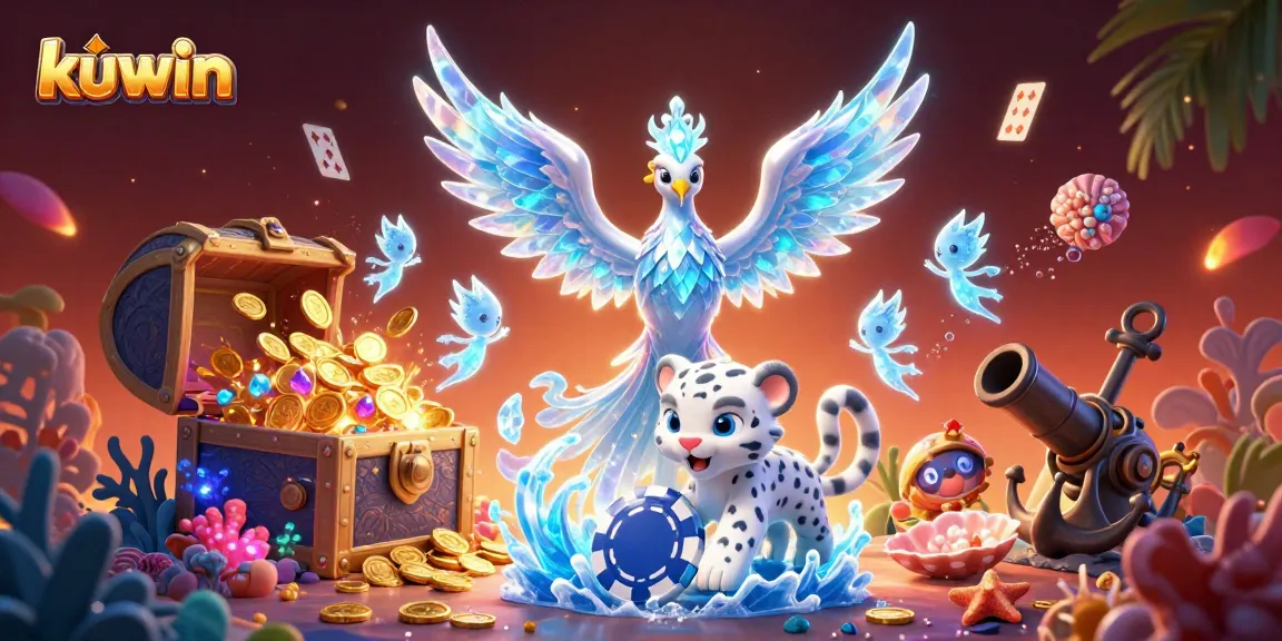 Kuwin offers exciting live casino action with vibrant 3D illustrations showcasing gameplay elements.