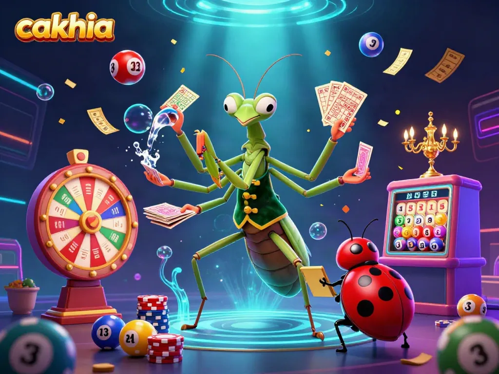 Experience the thrill of cakhia with an engaging 3D illustration featuring card games and vibrant lottery elements.