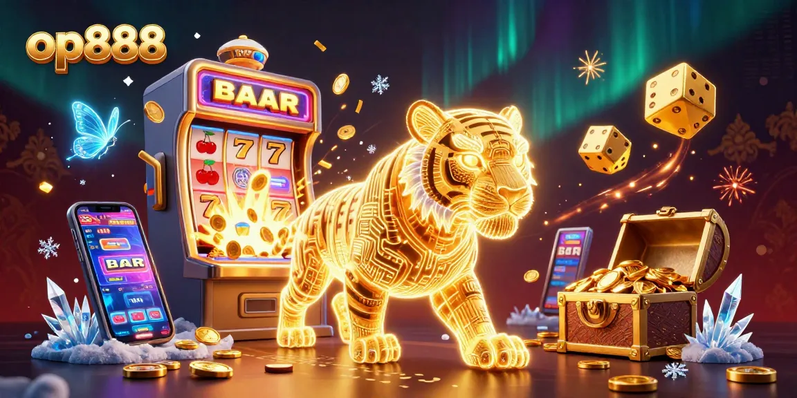 Experience the excitement of op888 with a vibrant 3D casino scene featuring a golden tiger, slot machines, and jackpot treasures.