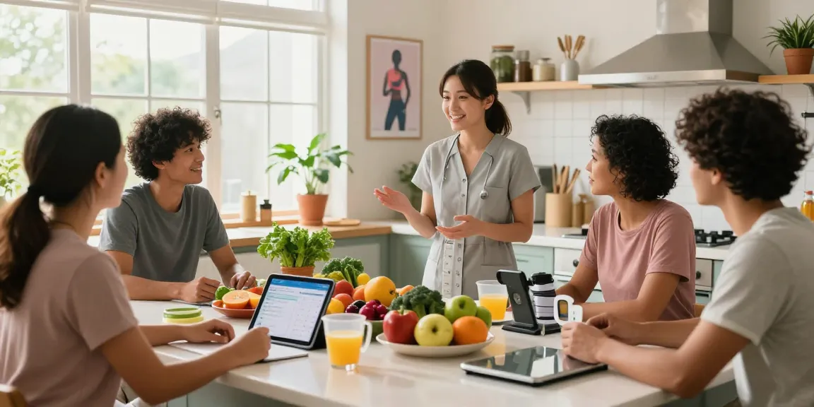 Best macro tracker features in a vibrant kitchen with nutritionist and clients.