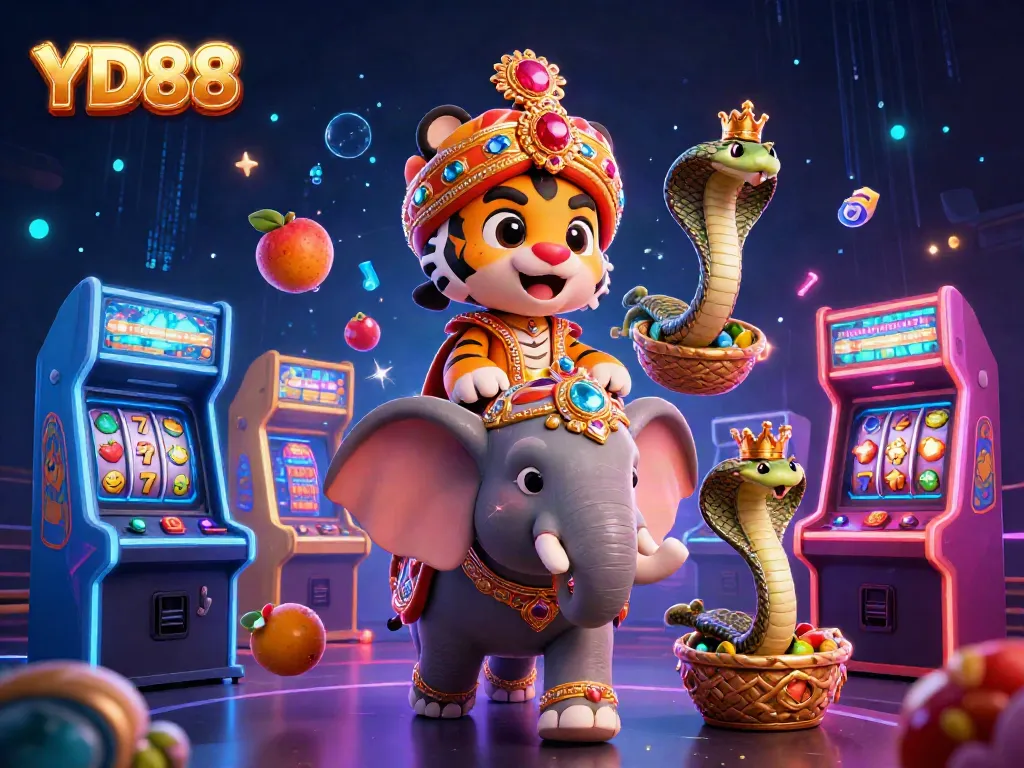 Experience thrilling casino action with YD88, featuring a majestic maharaja tiger, jewel elephant, and exciting slot machines.