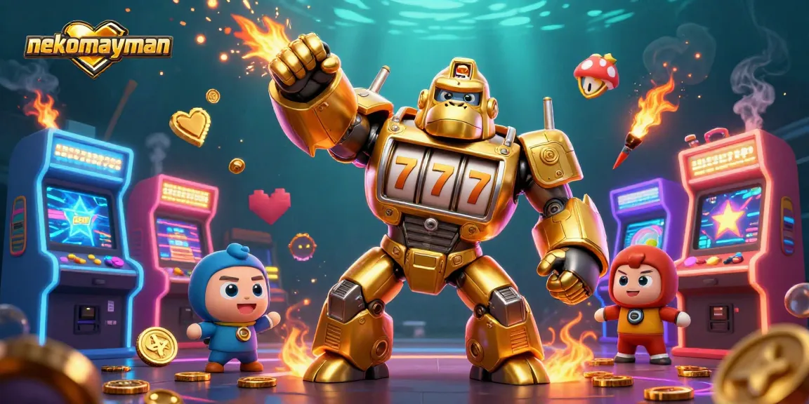 Experience thrilling gameplay in nekomayman with golden gorilla mech amidst vibrant casino elements.