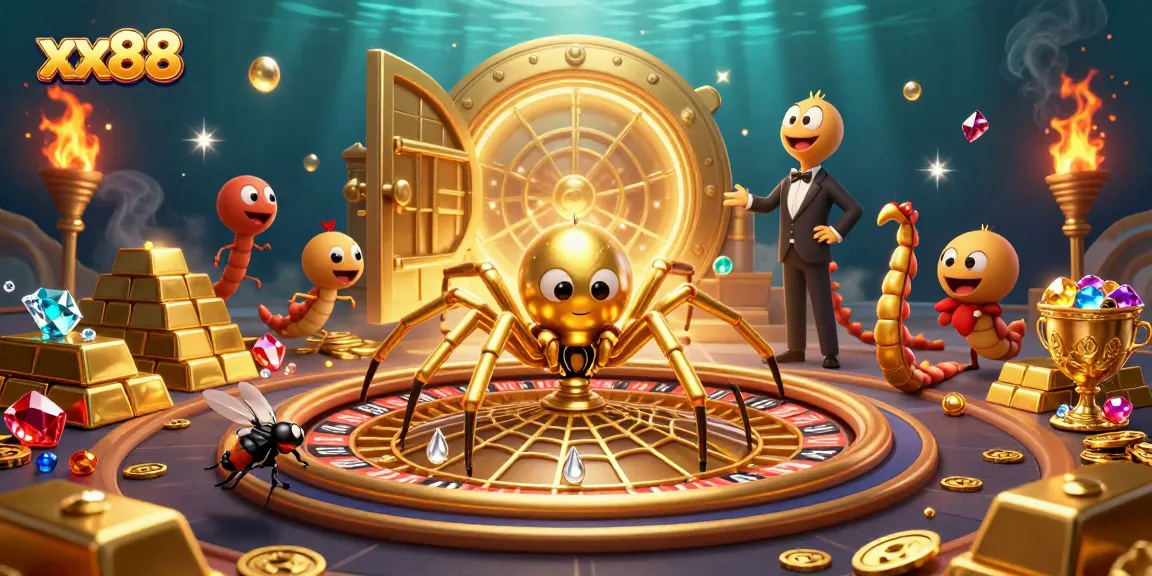 Experience thrilling gameplay with xx88 as a golden spider spins a roulette wheel in an enchanting casino scene.