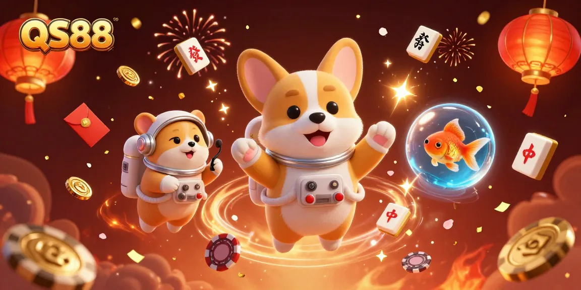 Experience thrilling moments at QS88 online casino with a vibrant 3D scene featuring a joyful astronaut corgi and floating symbols of luck.