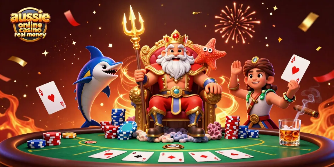 Engage in the excitement of the aussie online casino real money with a dynamic 3D illustration featuring Neptune and betting elements.