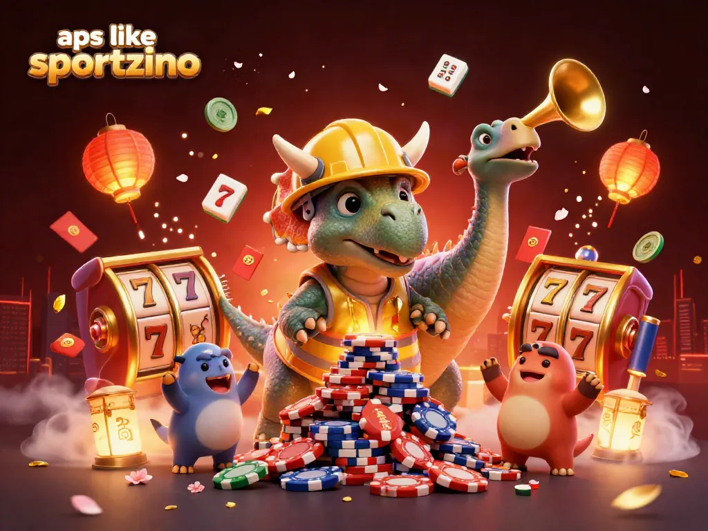 Engage with top apps like sportzino in this vibrant casino scene featuring cheerful characters, slots, and festive elements.