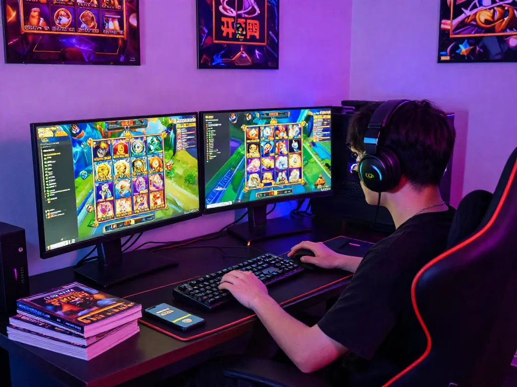 Exciting online gaming setup with player enjoying slot online gacor games on dual monitors in a vibrant atmosphere.