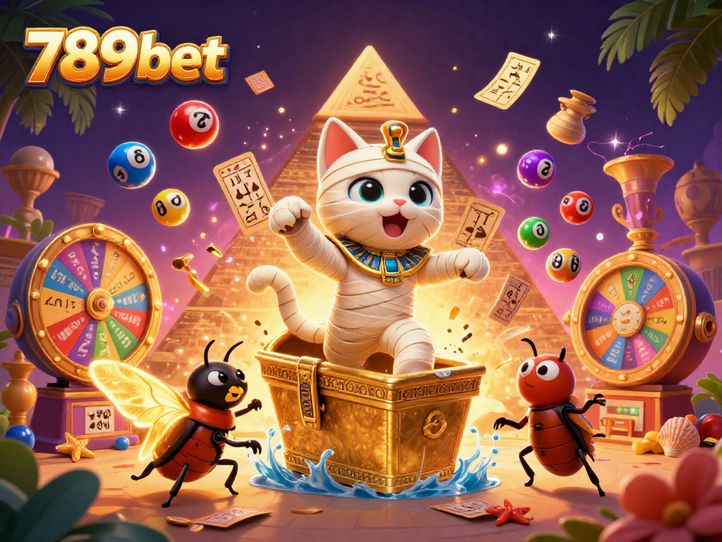 Join the gaming adventure with 789bet's captivating Egyptian-themed casino promotion featuring a vibrant mummy cat.