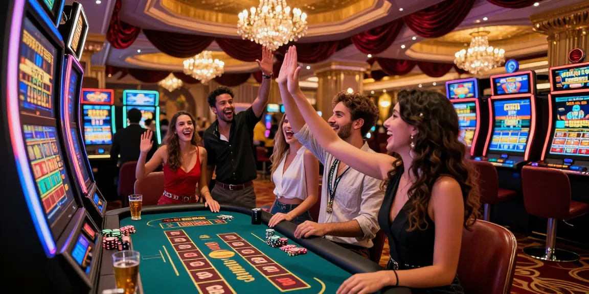 Kerumunan merayakan kemenangan di LUXURY777 sambil bermain mesin slot di kasino mewah.