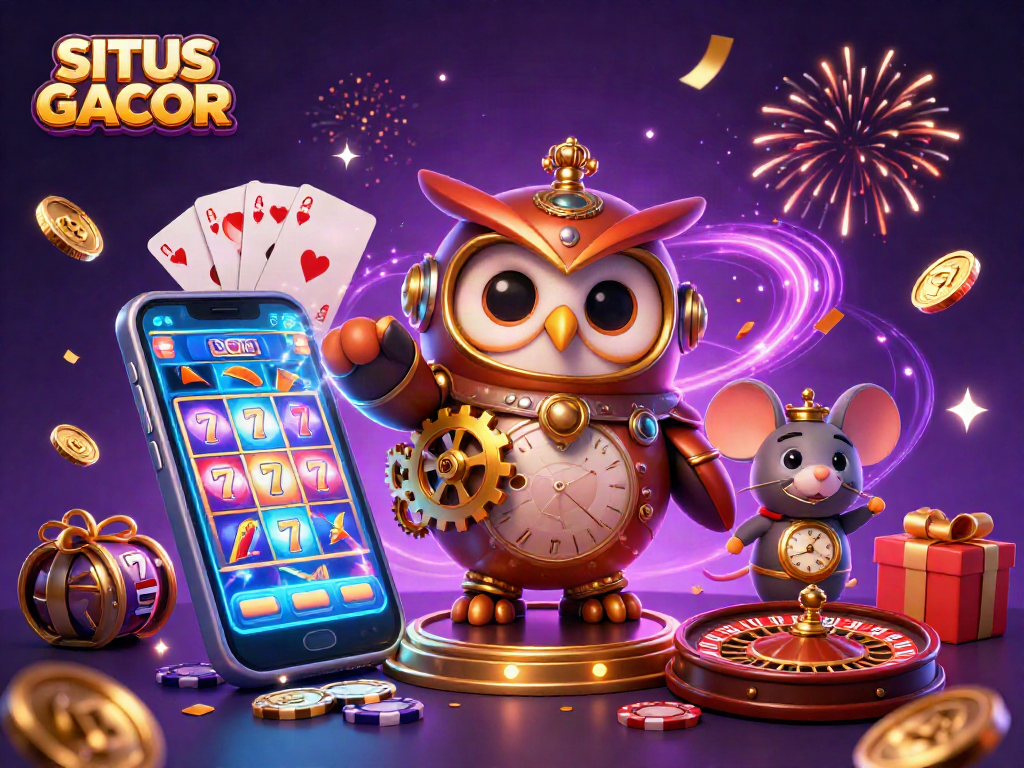 SITUS GACOR evokes excitement with a steampunk owl in a high-octane casino scene featuring vibrant slot game elements.