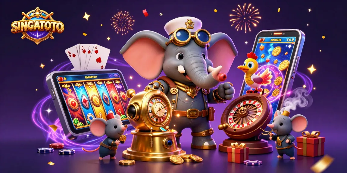 SINGATOTO menunjukkan elemen permainan slot dengan gajah rekayasa steampunk dan efek meriah, menarik perhatian penggemar kasino.