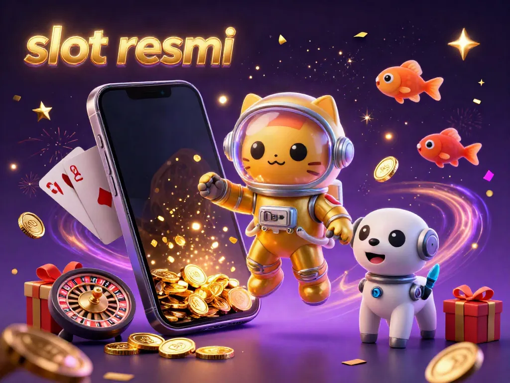 Win big with slot resmi in this thrilling 3D casino illustration showcasing vibrant games and characters.