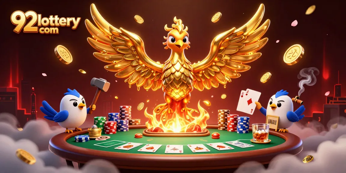 Engage with thrilling gameplay at 92lottery com while witnessing a golden phoenix bursting through a dynamic poker scene.