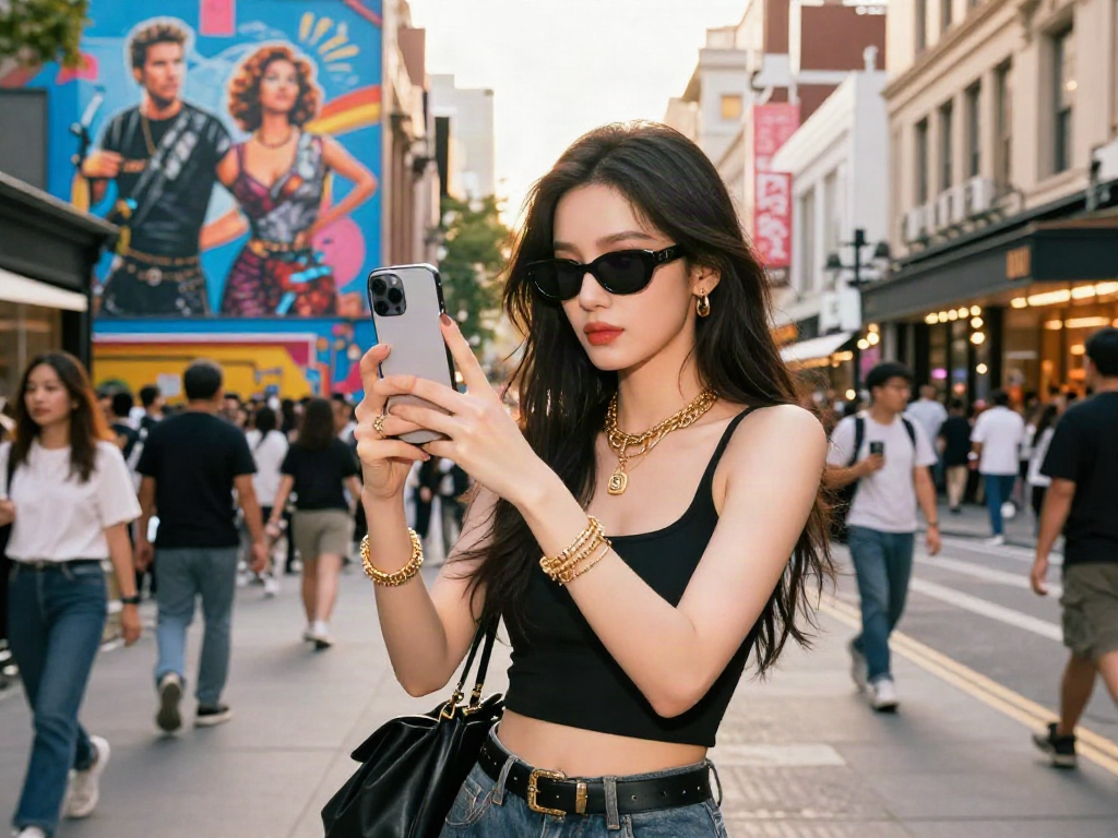 Celebrity look alike in trendy urban fashion striking a pose on a busy street.