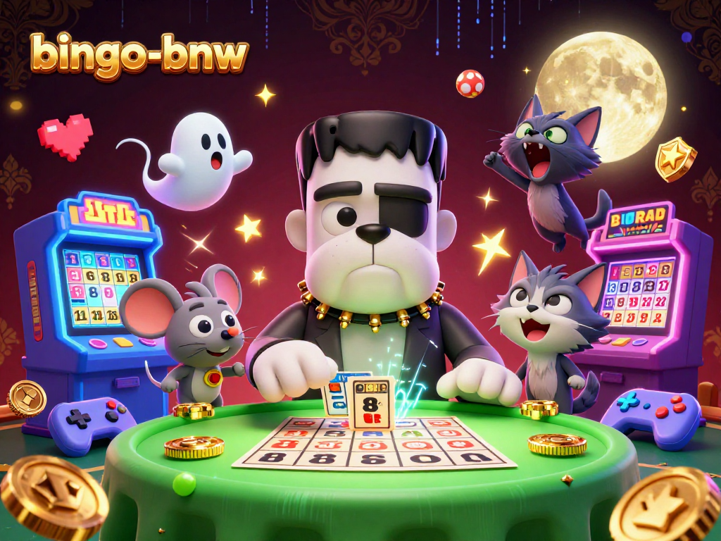 Play bingo-bnw with excitement featuring cartoon characters around a vibrant game table.