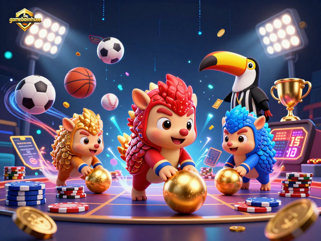 Gamebainohu88 pangolins in battle, rolling golden casino chips for thrilling action.