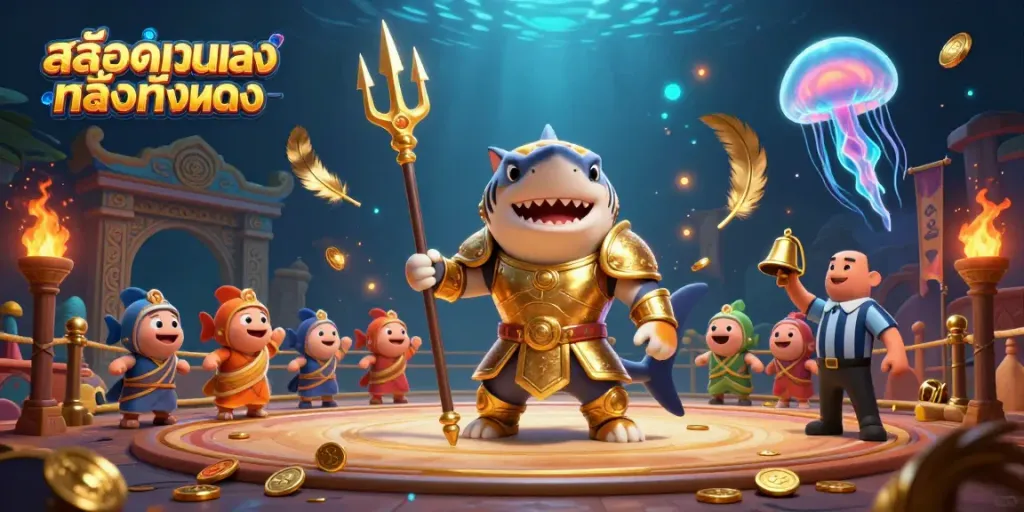 Experience the thrill of สล็อตเว็บตรงทั้งหมด with this vibrant underwater gladiatorial scene featuring a tiger shark and cheering fish.