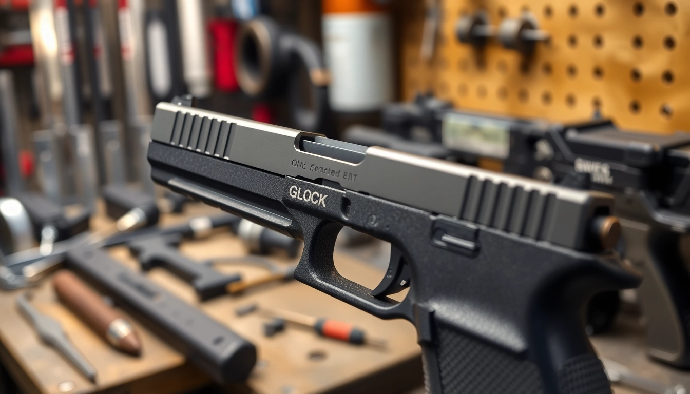 Examine the glock 17 slide oem showcasing its precision and craftsmanship in a detailed workshop setting.