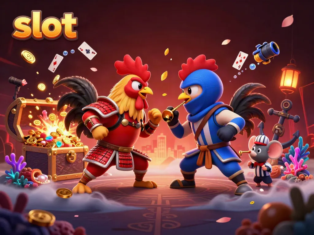 Slot yang menarik dengan dua ayam tempur 3D menonjol, siap bertarung di latar belakang dramatis.