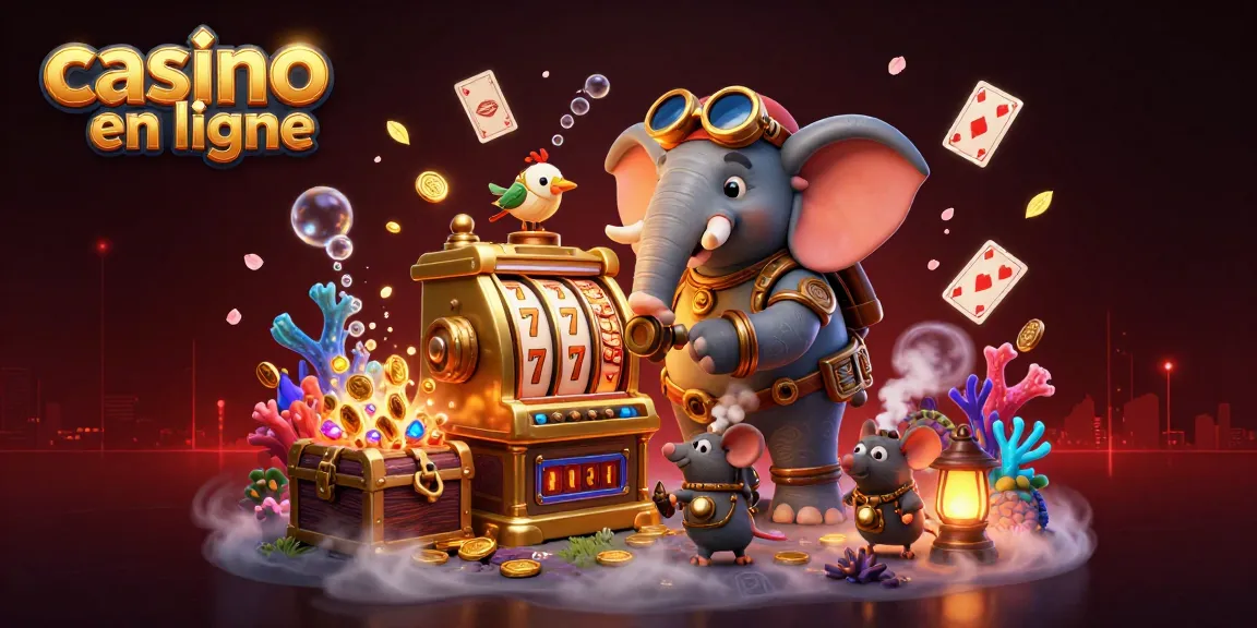 Casino en ligne avec un éléphant ingénieur steampunk jouant à une machine à sous.