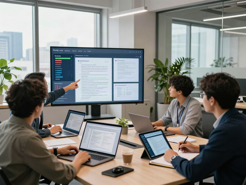 Document fraud detection solution in action as diverse team analyzes data in modern office.
