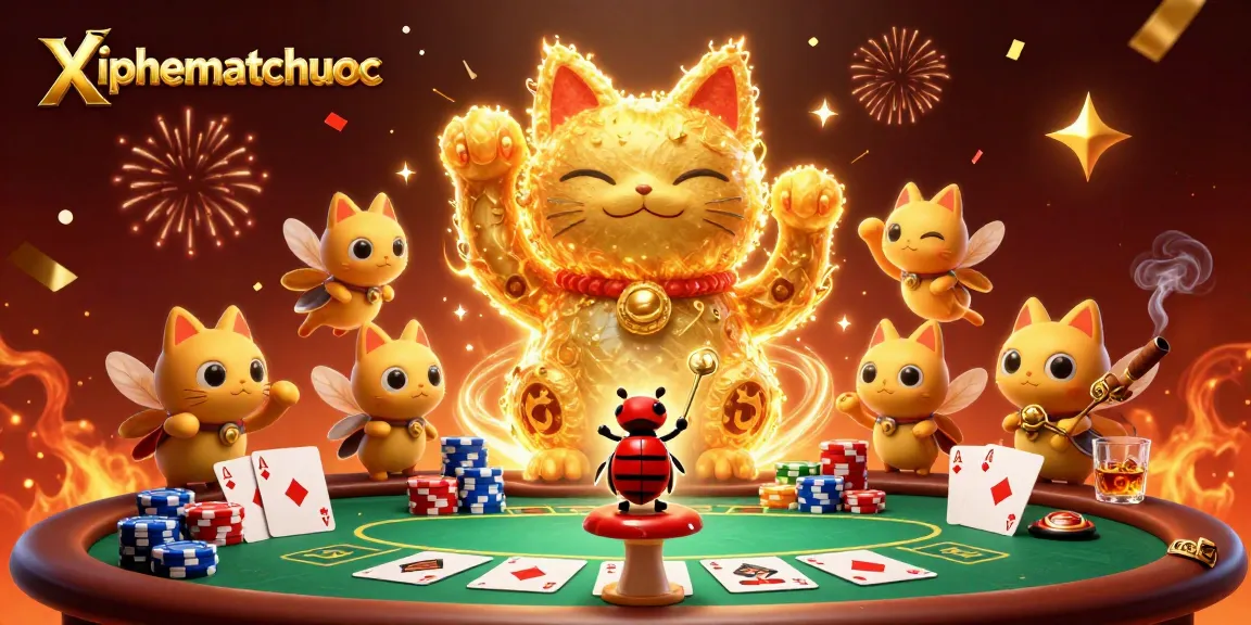 Engage with xiphematchuoc through a vibrant gaming illustration featuring a lively lucky cat surrounded by poker elements.