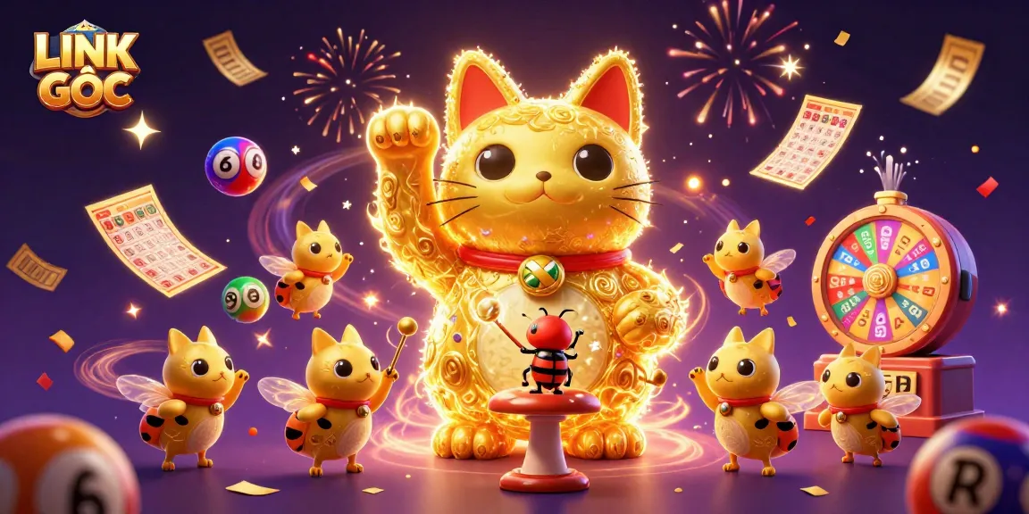 Experience the excitement of LINK GỐC with colorful lottery elements and a magical lucky cat!