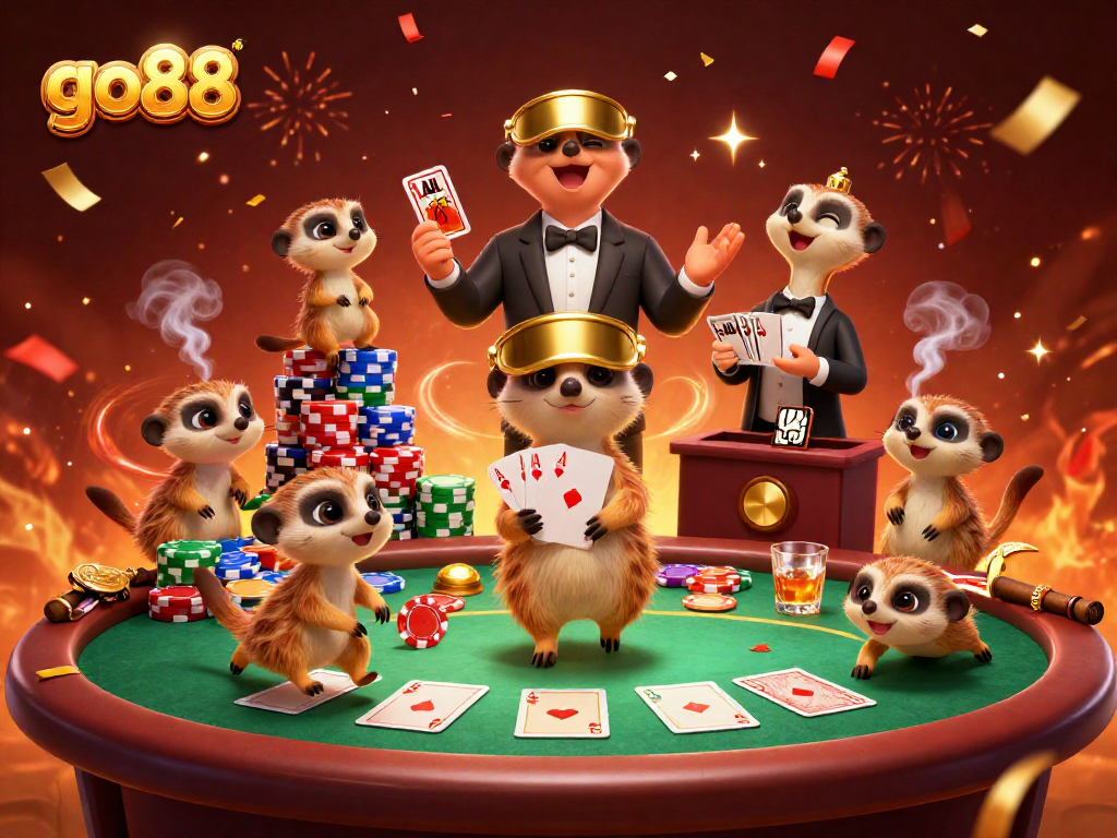 Experience the thrill of go88 with a vibrant, chaotic casino scene hosted by playful meerkats.