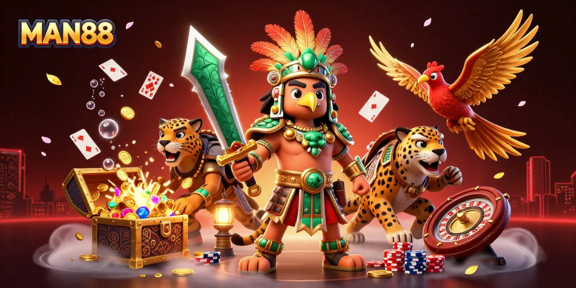Join MAN88 for exciting gaming moments with a vibrant 3D casino illustration filled with energy.