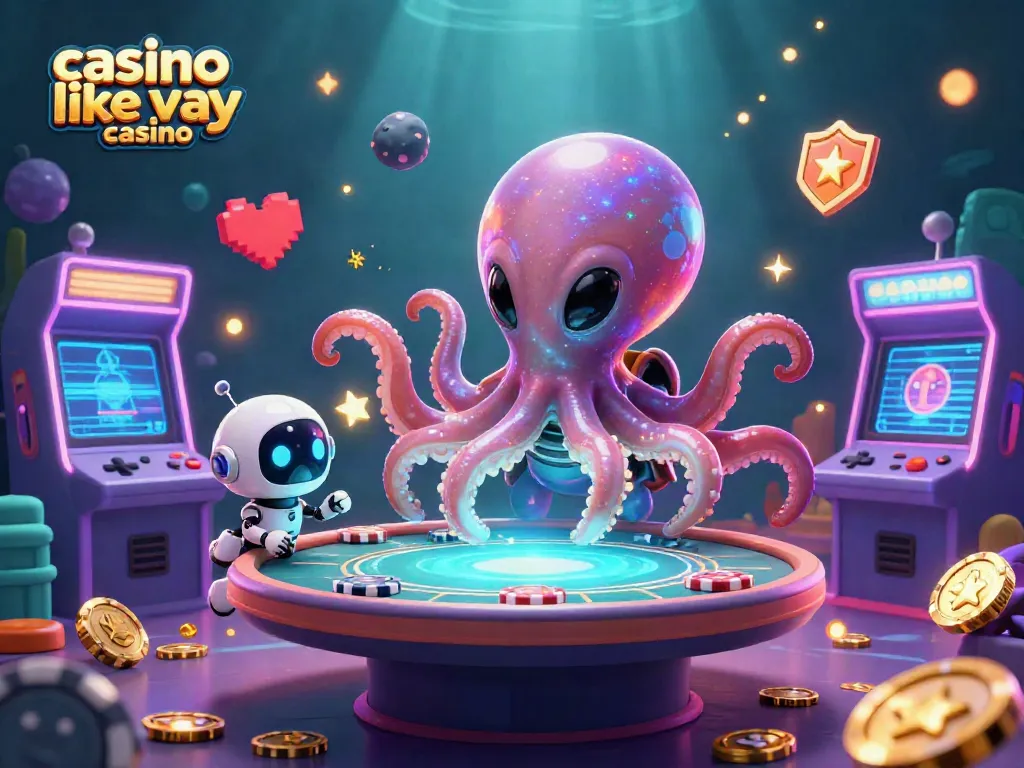 Engage with casino like yay casino as an alien octopus operates a poker table amidst vibrant 3D gaming elements.