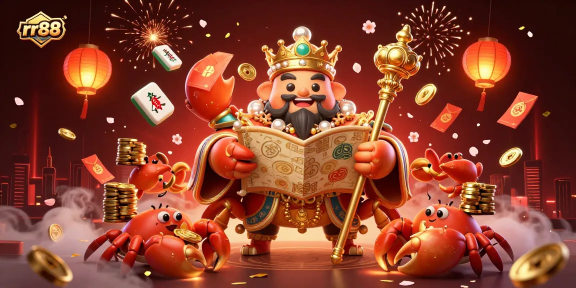 Experience the excitement of rr88 with a vibrant 3D casino scene featuring a golden crab emperor and treasure elements.