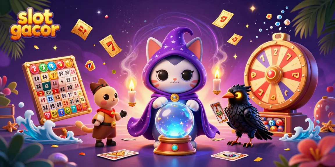 Explore slot gacor dynamics with a mystical cat, raven, and vibrant gaming elements in action.